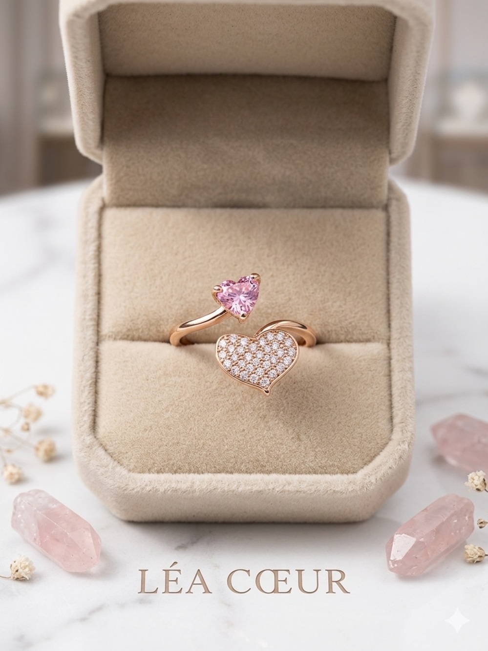 14k Gold - Filled Open Heart Ring with Pink Gem and Pavé Heart